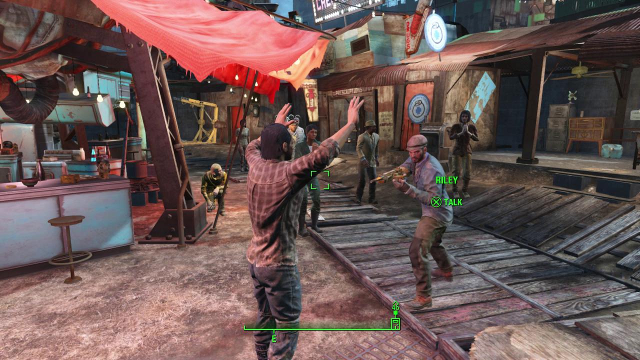 [09/11/2015] Diamond City ist ein kleiner, aber hübsch belebter Ort, in dem die Angst vor den Synths langsam um sich greift. (PS4)