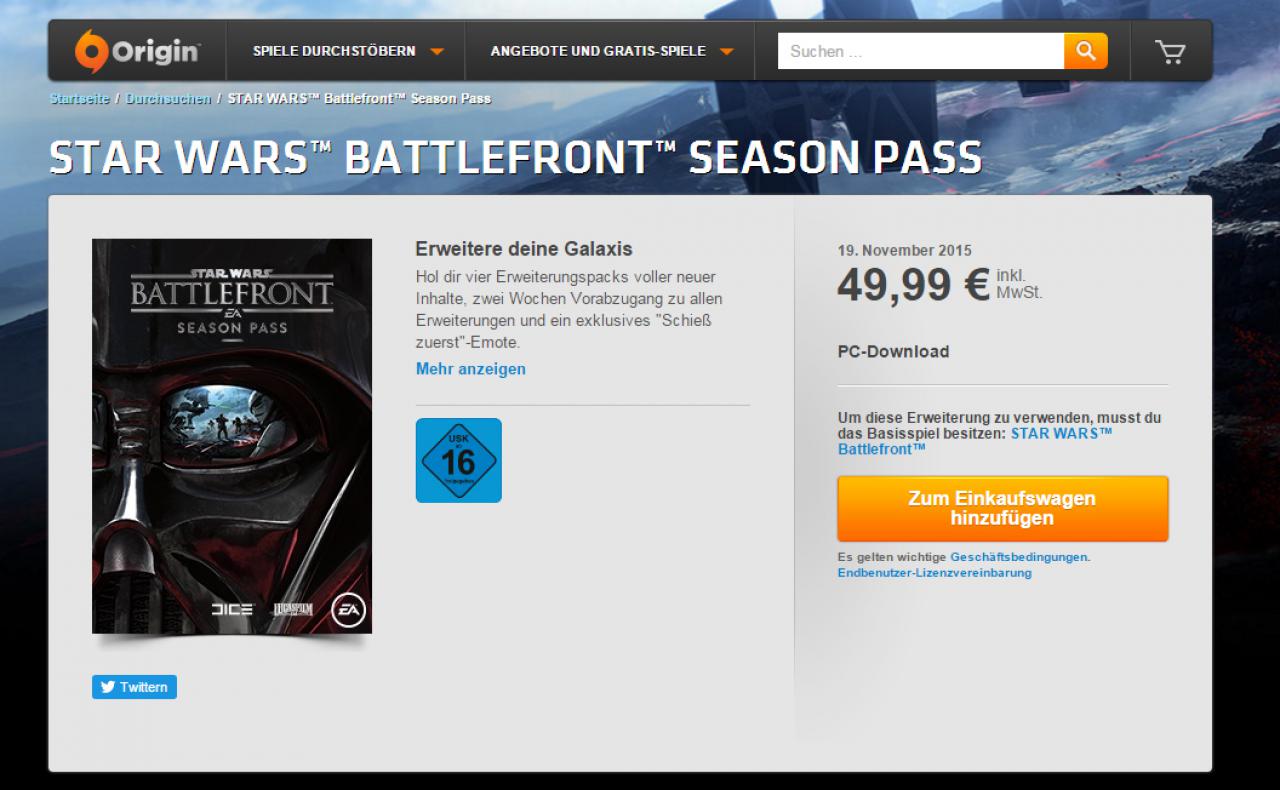 [11/12/2015] Season Passes zum Preis eines Vollpreisspiels haben einen faden Beigeschmack. Und zwar insbesondere dann, wenn Kunden nicht genau wissen, was sie für ihr Geld bekommen. In Fall von Star Wars: Battlefront fühlen sich Spieler zusätzlich hintergangen, weil sie annehmen, EA habe Inhalte bewusst zurückgehalten (Weltraumschlachten), um damit später Kasse zu machen.