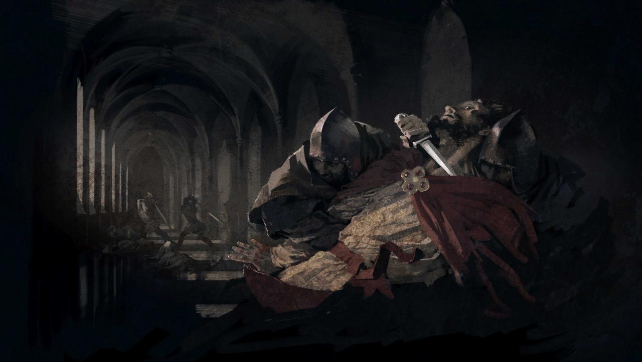 [25/02/2016] Kingdom Come: Deliverance - Szene aus dem Intro, das mit solchen Zeichnungen erzählt wird. Ein gut vertonter Sprecher bringt euch dabei die Ereignisse im Jahre 1403 des mittelalterlichen Böhmens näher.