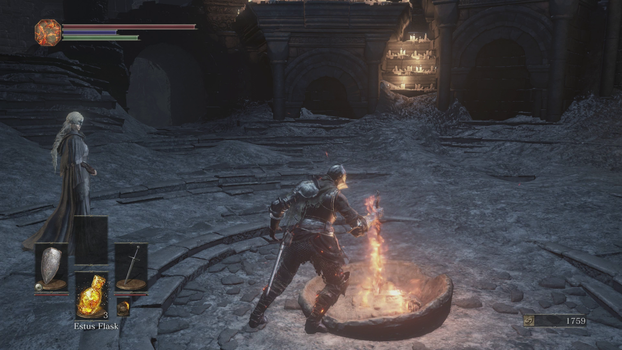 Entfachen des Leuchtfeuers am Feuerband-Schrein in Dark Souls 3.