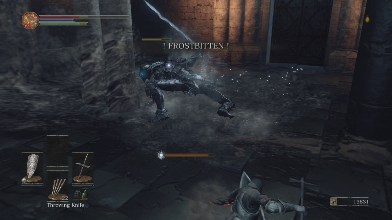 [29/02/2016] Frostige Aussichten: Beim nächsten Hieb der frostigen Klinge dieses Gegner erhalten wir zusätzlichen Eisschaden - eines der neuen Elemente in Dark Souls 3.