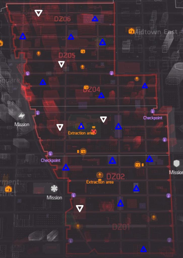 Eine Karte von der Dark Zone aus Ubisofts The Division, die alle Fundorte der Bossgegner darstellt. 