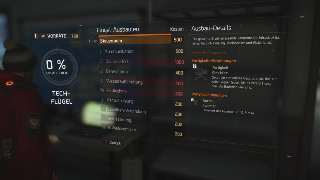 Status des Ausbaufortschrits im Tech-Flügel der Operationsbasis von The Division in Manhattan.