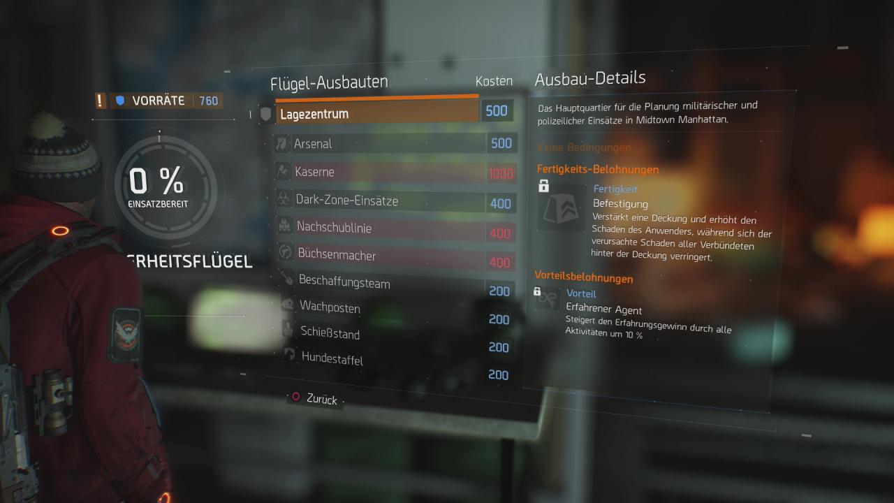 Status des Ausbaufortschrits im Sicherheitsflügel der Operationsbasis von The Division in Manhattan.