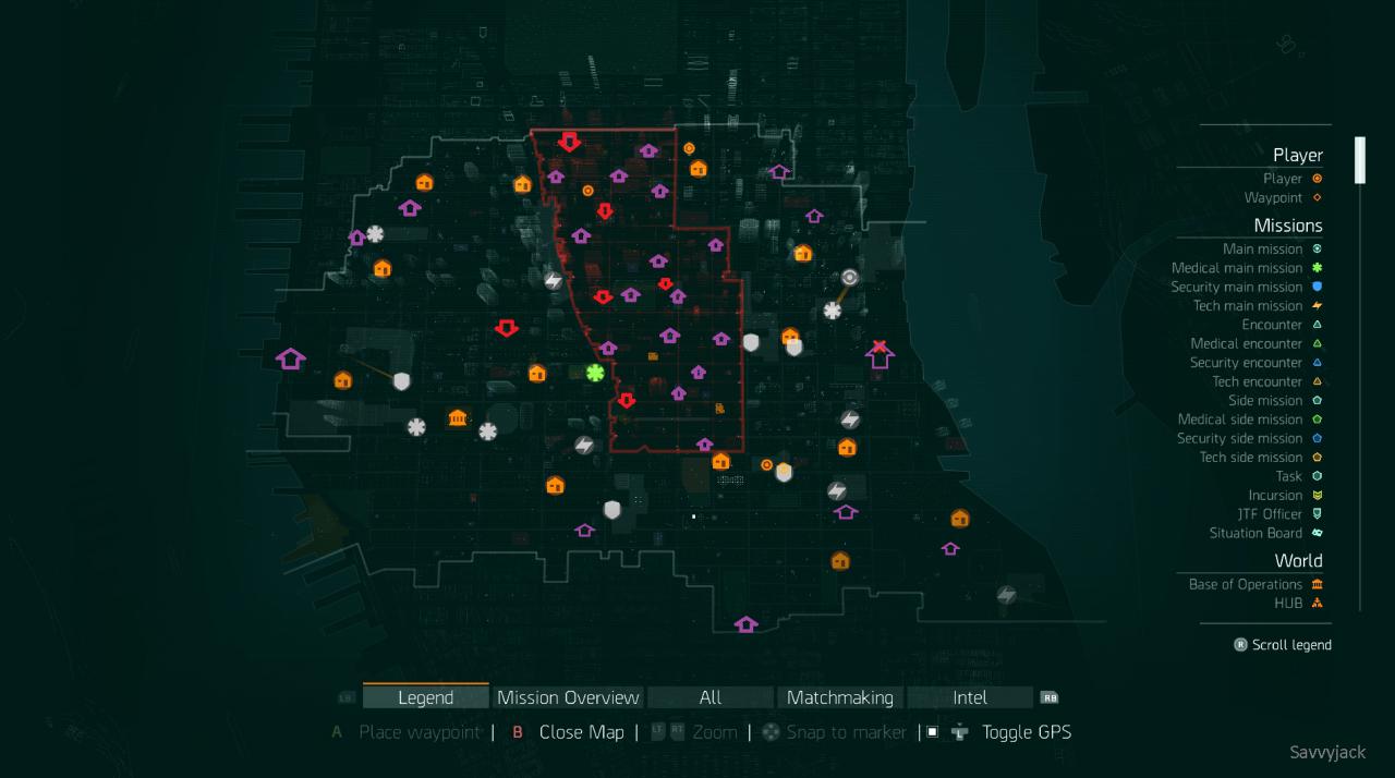 Eine Karte der Spielwelt von The Division mit allen Fundorten für besondere Gegner innerhalb und außerhalb der gefährlichen Dark Zone. 