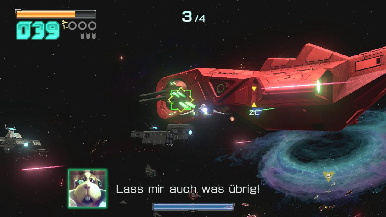 [20/04/2016] Dicke Raumschiffe wie dieser rote Brocken vertragen mehrere Treffer, ehe es auf eurem Punktekonto landet.