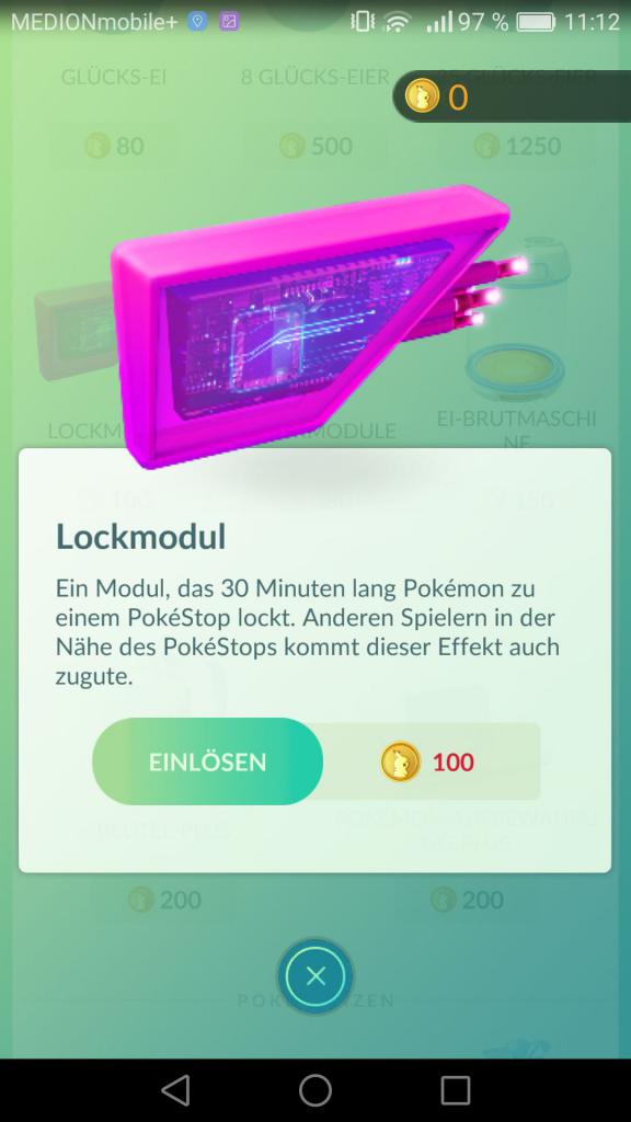 [13/07/2016] Lockmodul - dies bringt ihr an einem Pokestop an und lockt somit für alle Spieler in der Nähe Pokémon an.