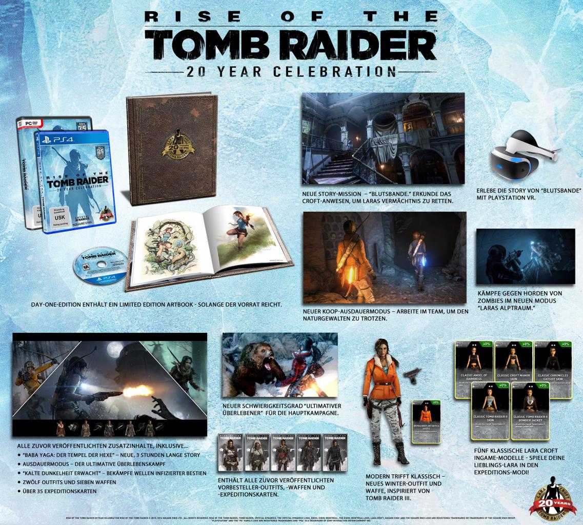 [19/07/2016] Alles drin, alles dran: In der Jubiläumsedition von Rise of the Tomb Raider sind die Kampagne und alle bisher veröffentlichten Zusatzinhalte enthalten.