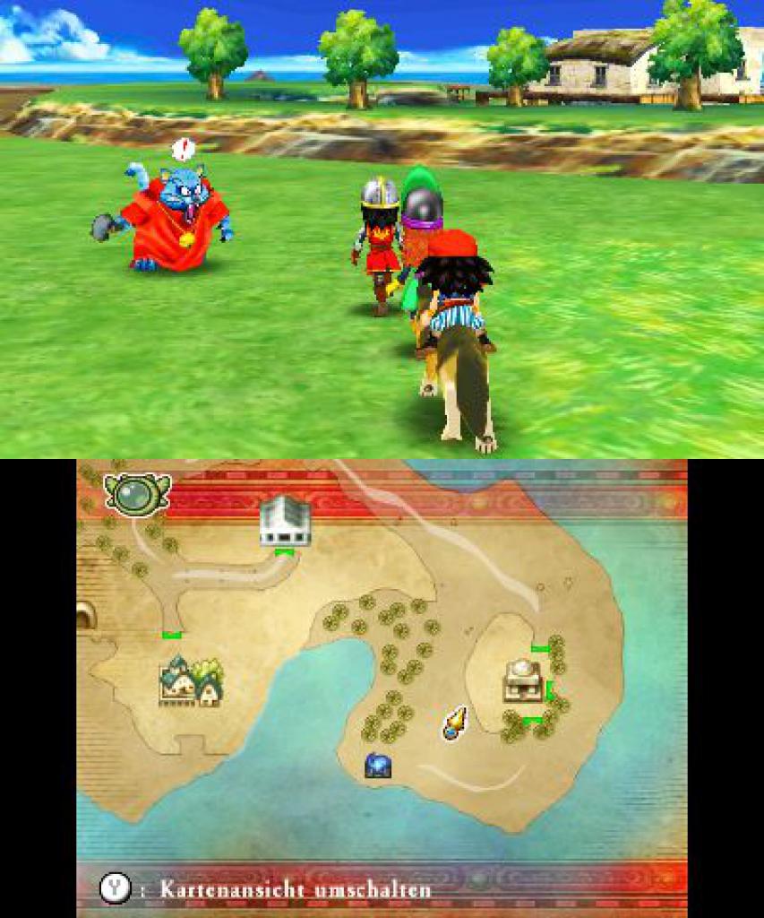 [09/09/2016] Wie in Dragon Quest IX für DS sind Monster beim Erkunden der Spielwelt direkt zu sehen. Auf dem unteren Bildschirm findet ihr dabei eine Umgebungskarte.