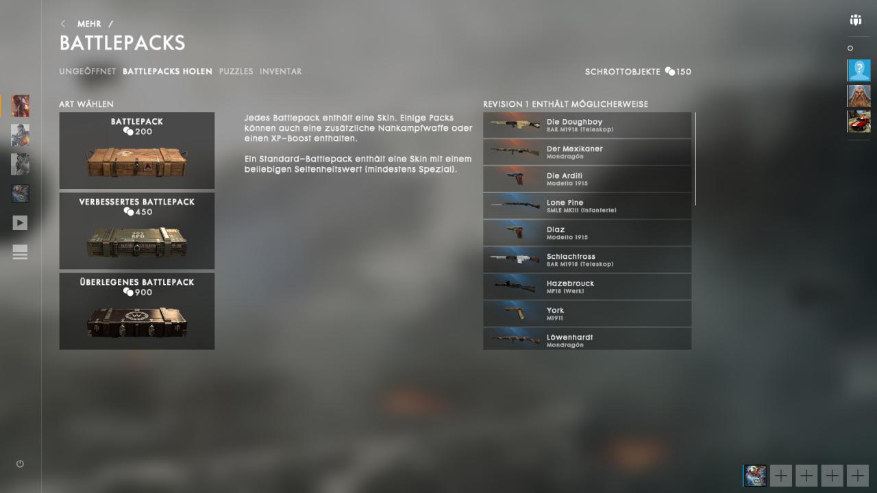 [21/10/2016] Battlefield 1: Battlepacks gibt es in drei Varianten: Je teurer das Pack, desto seltener der Inhalt. Die Liste rechts zeigt an, welche Gegenstände ihr erhalten könnt.