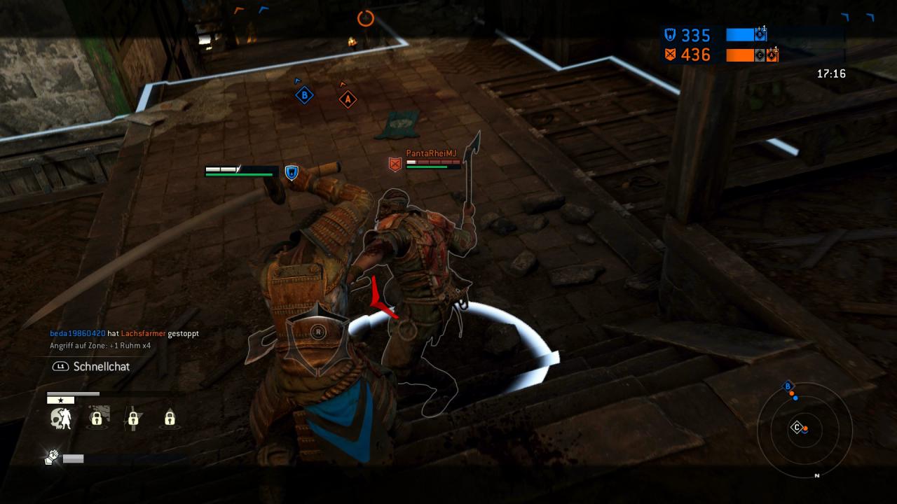 [16/02/2017] Die Reichweiten der Waffen fallen unterschiedlich aus. So hat der Wikinger-Berserker hier im Bild einen gewaltigen Nachteil gegen unseren Samurai. (PS4)