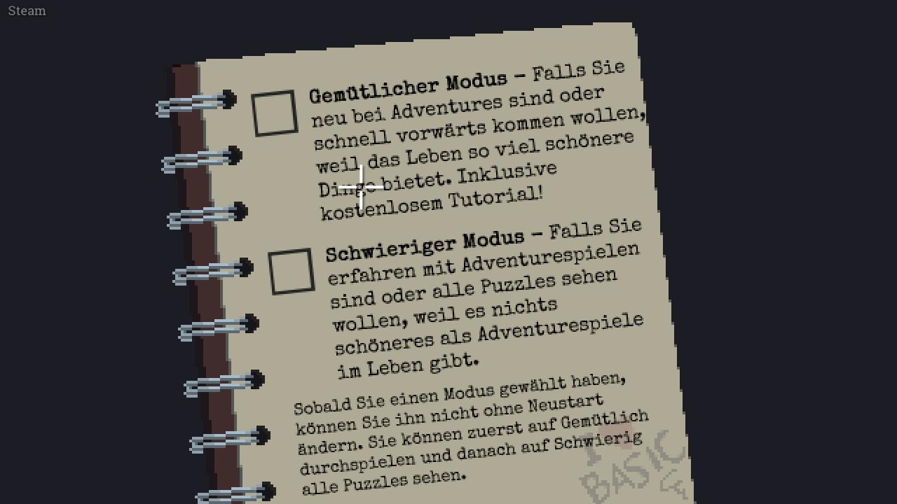 [30/03/2017] Zu Beginn wählen wir wie bei Monkey Island 2 zwischen einem leichten und schweren Modus. Erfahrene Adventure-Spieler wählen die kniffligere Option.