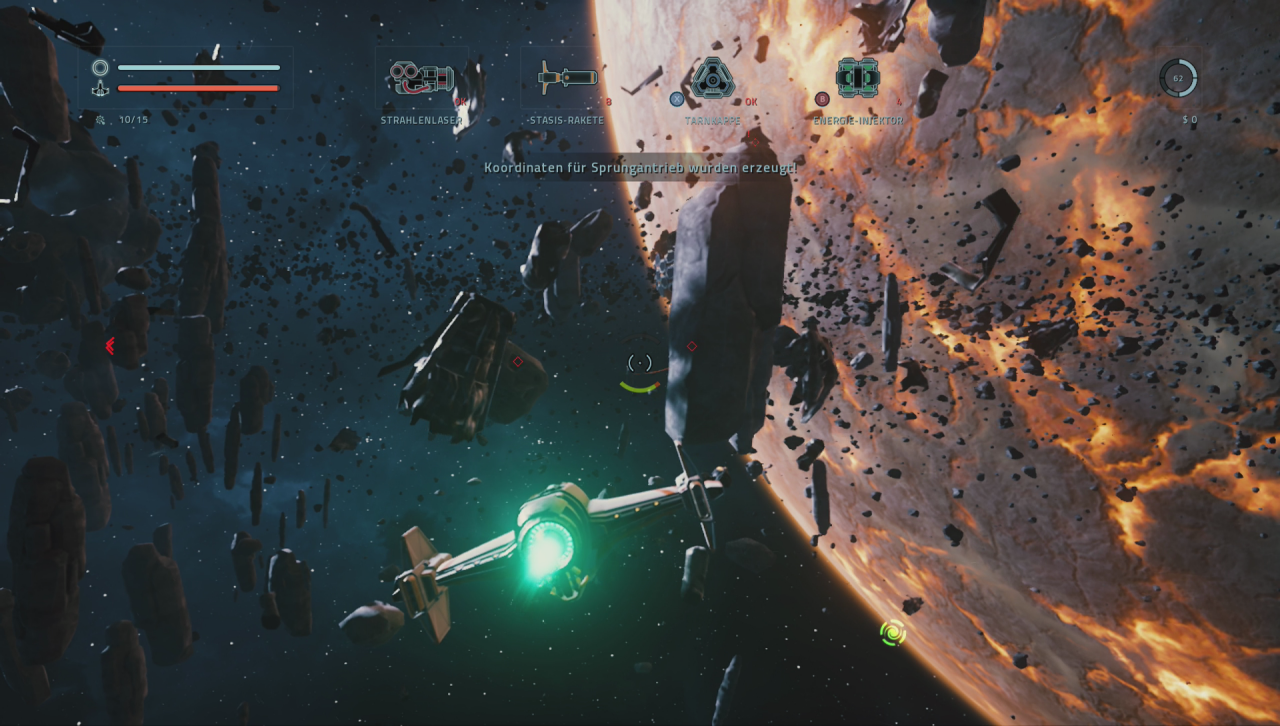 [29/05/2017] Everspace ist eines der schönsten Weltraumspiele, die uns bis heute begegnet sind. Die Aussicht kann man aus drei Ansichten genießen: Cockpit, ohne Cockpit und Außenansicht, wie hier auf dem Bild.