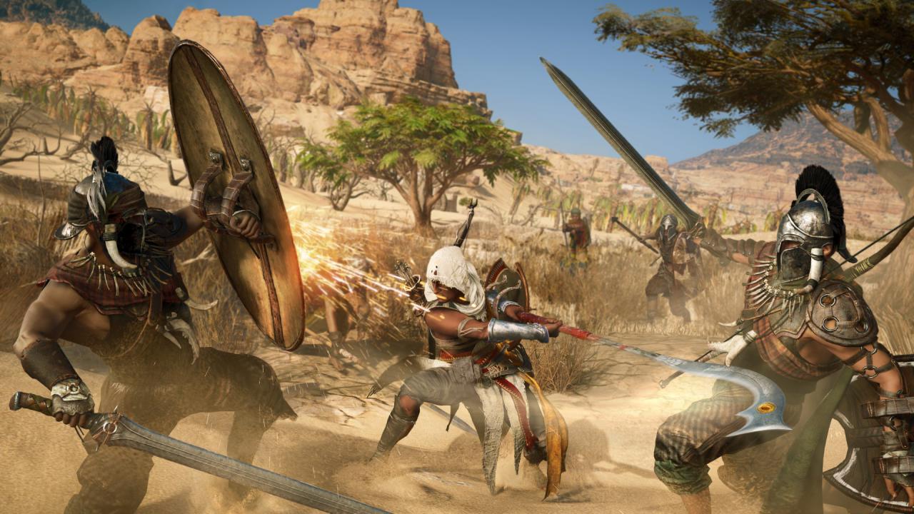 [12/06/2017] Nicht nur der Held, auch die Gegner in Assassin's Creed Origins blocken leichte Angriffe mit Schilden.