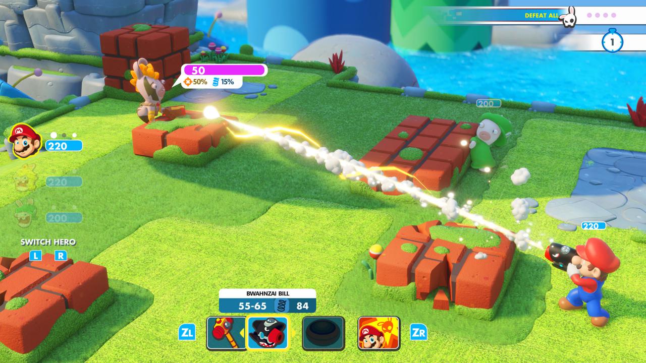 [12/06/2017] Mit Laserstrahlen auf Hase schießen: Mario & Rabbids: Kingdom Battle setzt auf rundenbasierte Taktik-Kämpfe.