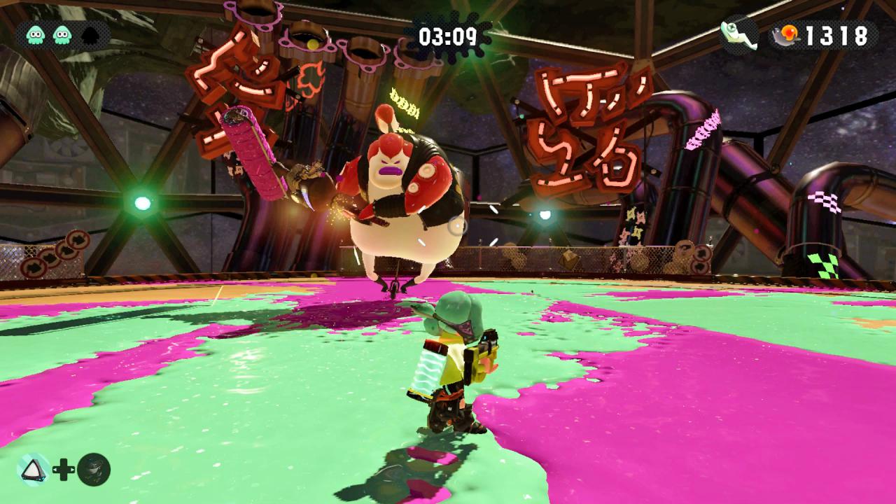 Die Bosskämpfe zählen wie schon im ersten Splatoon zu den Highlights der Einzelspieler-Kampagne. Hier nehmen wir es etwa mit einem Oktosamurai auf einem Einrad auf – schräg!