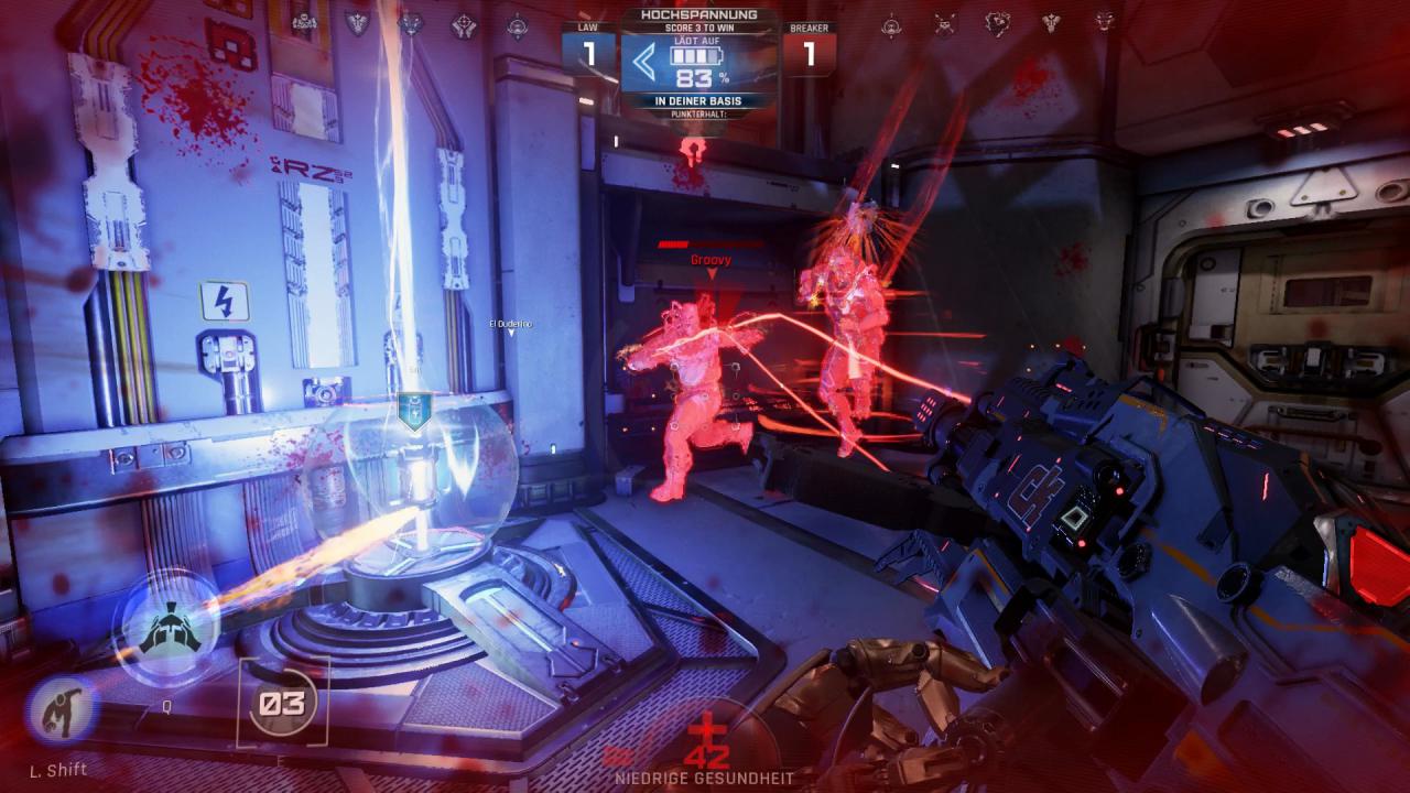 [11/08/2017] Lawbreakers hält nicht viel von Teamplay. Eine der wenigen Ausnahmen: Der Gunslinger hat die Gegner rot markiert, so haben die Kameraden leichtes Spiel.