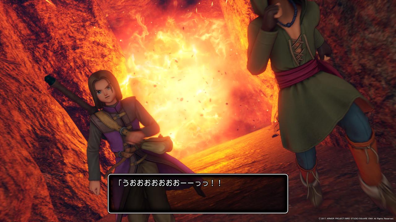 [17/08/2017] Dragon Quest 11 räumt auf mit der Betulichkeit manch einer früheren Episode: Auf der Flucht vor einem dicken Drachentier entkommen der Held und Camus dem feurigen Atem in letzter Sekunde.