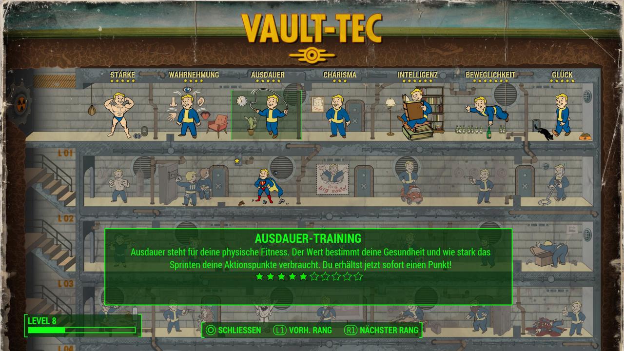[28/09/2017] Für Fallout 4 gilt das gleiche SPECIAL-System wie bei Fallout 3 – teilweise. Bleiben Kernwerte wie Stärke, Charisma oder Ausdauer in den Originalen und in Fallout 3 durch das ganze Spiel hinweg fast unverändert, ist es bei Fallout 4 mit jedem Level-up möglich, eines der Attribute um einen Punkt aufzuwerten oder ein Extra auszuwählen. Theoretisch kann ein Spieler jeden der Werte auf 10 Punkte hochspielen. Eine Maximalstufe gibt es in Fallout 4 nicht mehr – wobei rein rechnerisch bei 65.536 Schluss sein müsste.