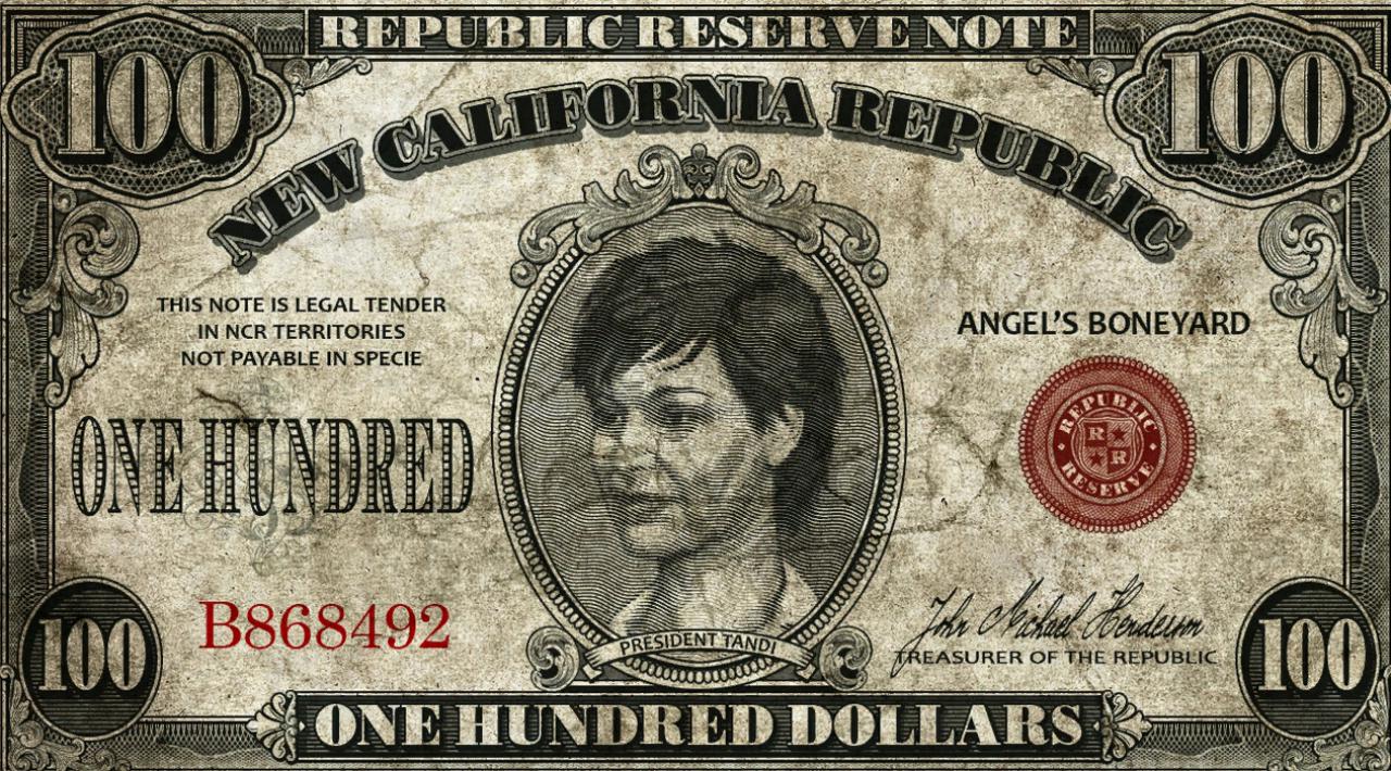 [28/09/2017] In Fallout: New Vegas finden sich 100-Dollar-Scheine der Republik Neukalifornien. Darauf zu sehen ist Tandi. Sie hat der Spieler einst in Fallout als junge Frau in Shady Sands kennengelernt und vor einer Raiders-Bande gerettet. In Fallout 2 ist sie 80 Jahre älter und die Anführerin von Bunkerstadt und der Republik Neukalifornien.