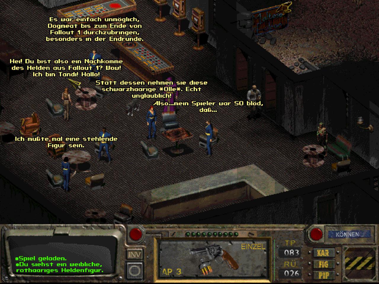 [28/09/2017] Etwas Besonderes waren vor allem die Zufallsbegegnungen in Fallout und Fallout 2. Mit Glück – ja, es kommt auf diesen Wert an – stoppt das Spiel bei der Reise über die Übersichtskarte an einem abgestürzten UFO, einem Shuttle der Sternenflotte aus Star Trek oder einem Café mit Bunkerbewohnern, die es nicht ins Spiel schafften.