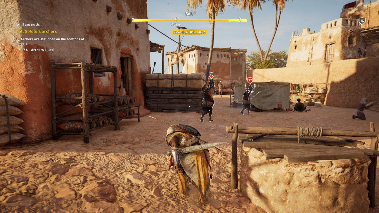 [04/10/2017] Die Schleichmechanik bleibt ähnlich: Auf Tastendruck geht Bayek in die Hocke und findet so beispielsweise in Hecken Schutz.
