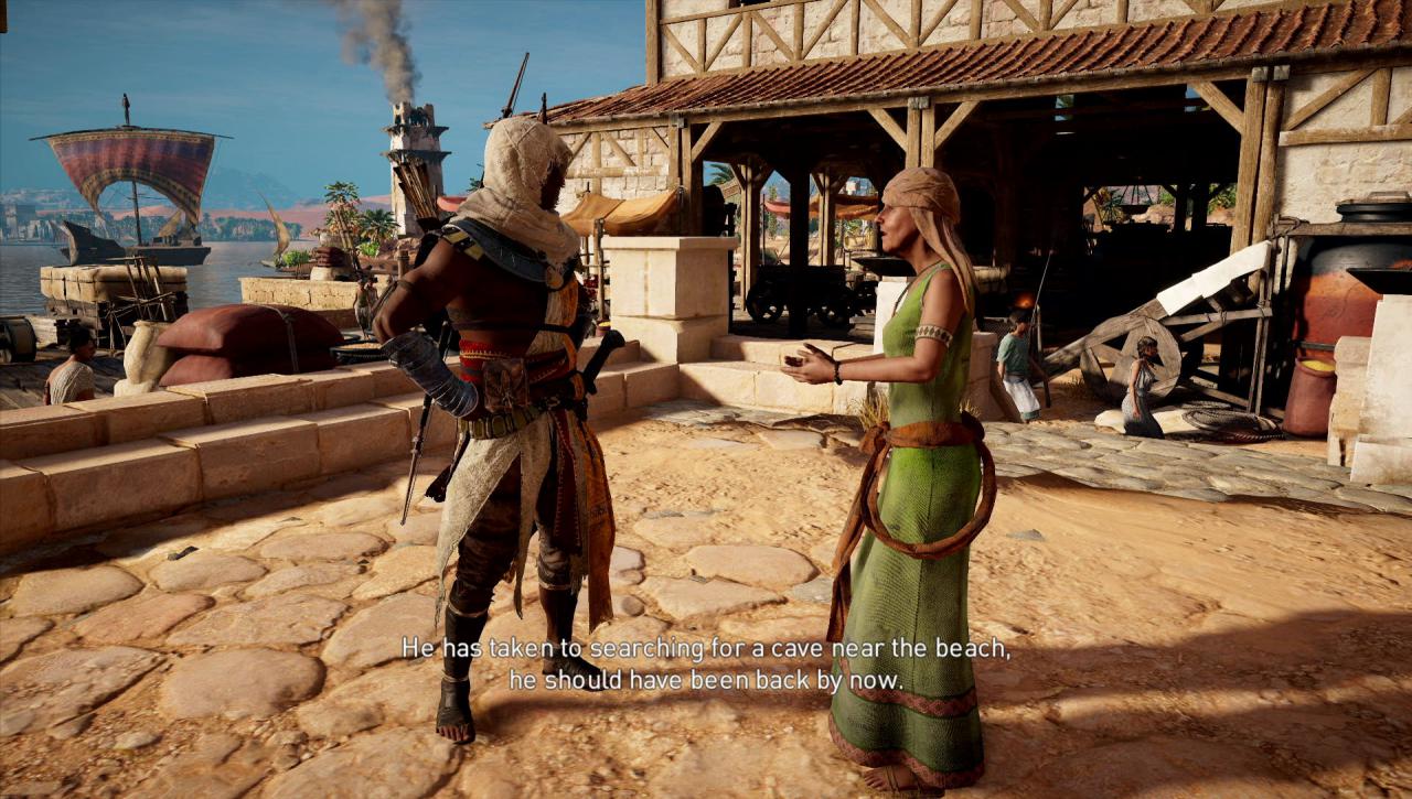 [26/10/2017] In Assassin's Creed Origins werden einige Nebenquests mit aufwändigen Zwischensequenzen im Stil der Story-Kampagne erzählt. Oft gibt's aber nur einen eher simplen Dialog mit fester Kameraperspektive.