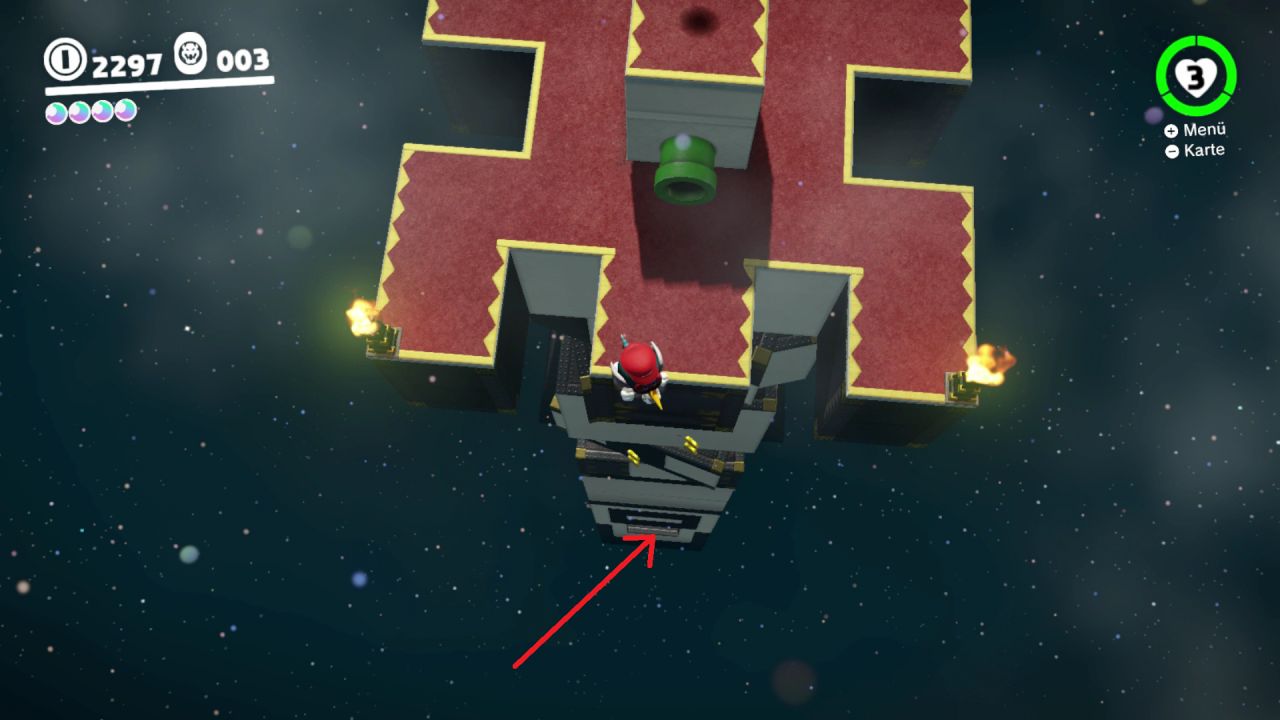 [09/11/2017] Bowsers Land - 34. Mond: Hinter diesen kaum erkennbaren Kisten versteckt sich ein Mond. Anstatt aber den gesamten Turm wieder hinabzuklettern, könnt ihr ihn natürlich auch direkt bei eurem Weg nach oben einsammeln. 