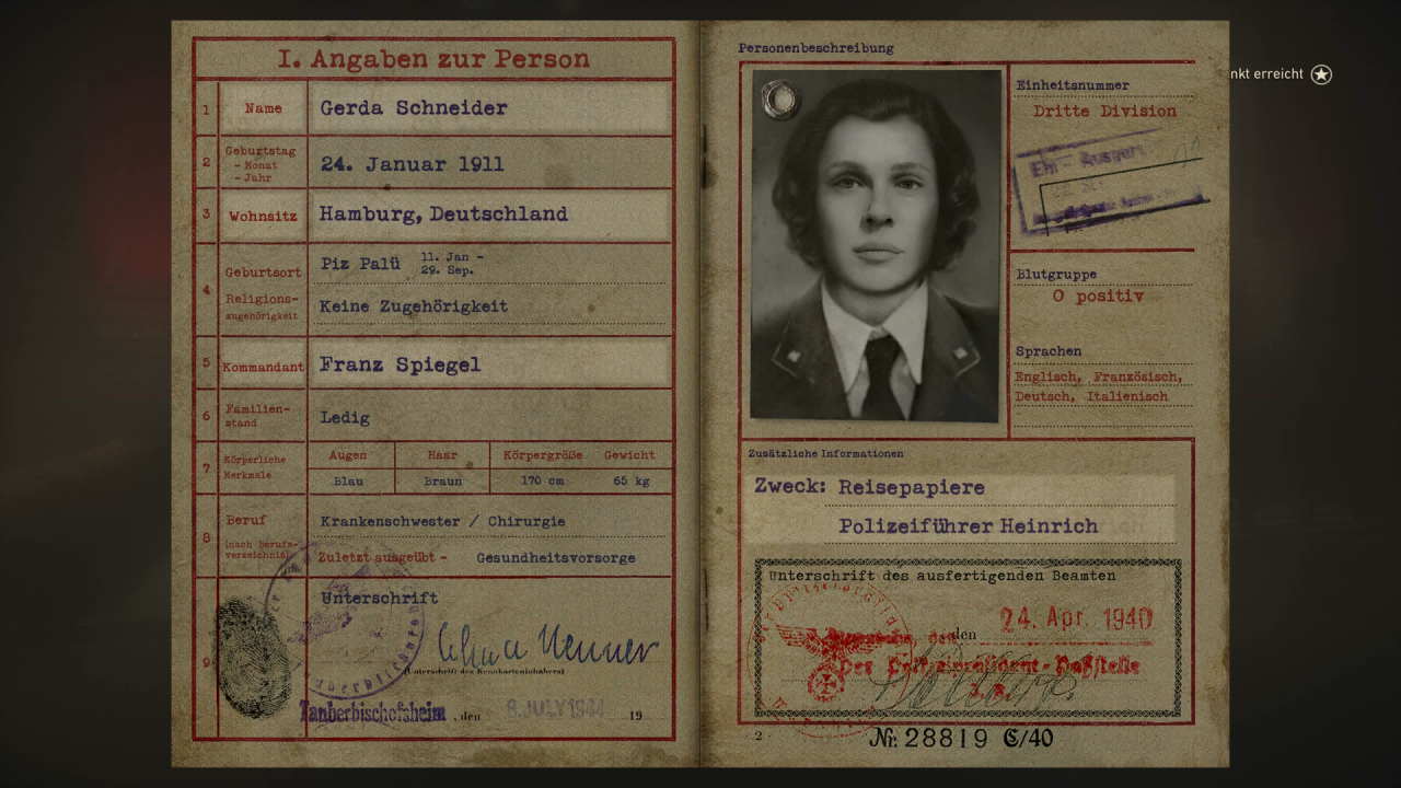 [01/11/2017] In einer Kampagnenmission sind wir als eine französische Agentin unterwegs und müssen uns die Informationen in ihrem gefälschten Wehrpass merken.