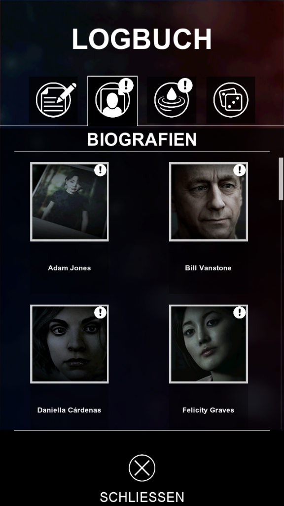[23/11/2017] Euer iOS/Android-Gerät dient in Hidden Agenda als Second Screen. Hier könnt ihr zum Beispiel jederzeit die Biographien der Charaktere nachschlagen.