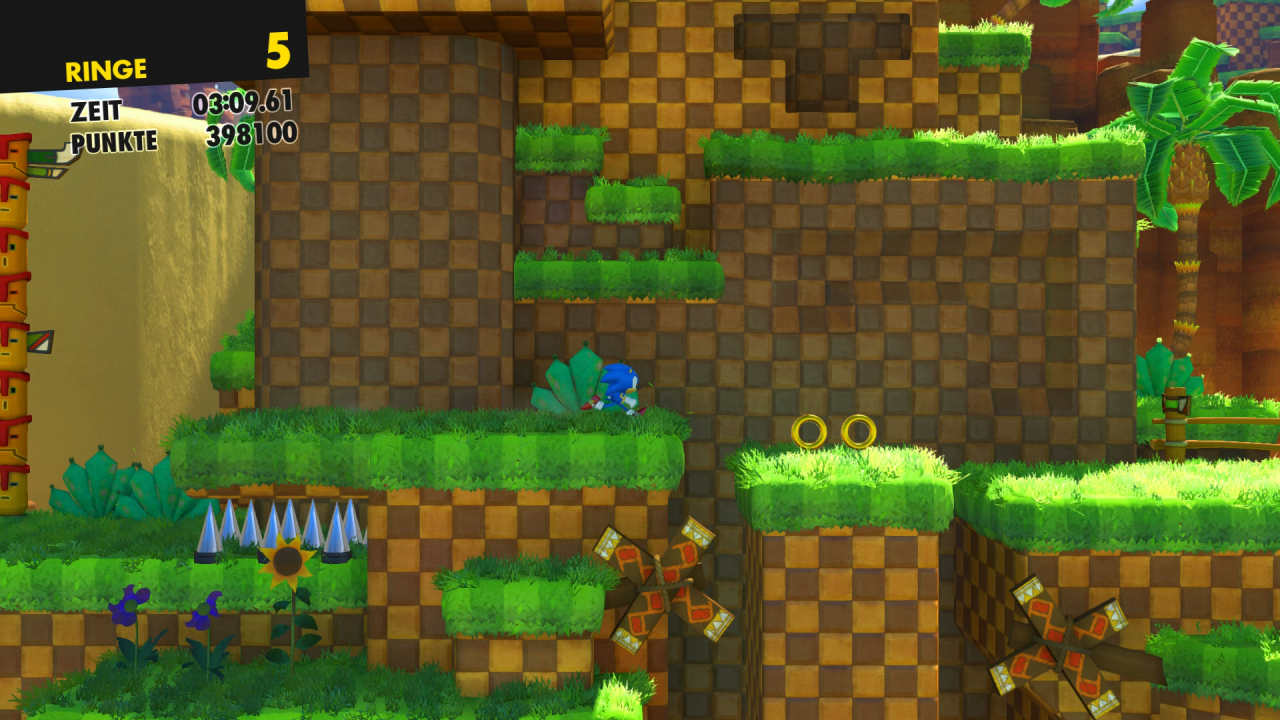 [14/11/2017] Die klassischen 2D-Levels führen Sonic zurück an bekannte Orte. Hier läuft er über die grünen Hügel der Green Hill Zone.