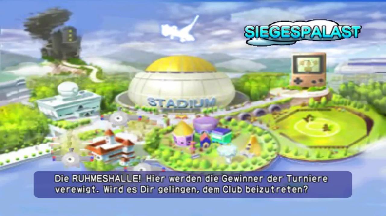Die übersichtliche Oberwelt in Pokémon Stadium ist in ihrem Aufbau von typischen Freizeitparks inspiriert. Von hier aus erreicht ihr alle sieben Modi. Typisch Pokémon: Eure aktuelle Auswahl wird durch drei kreisende Magnetilo dargestellt.