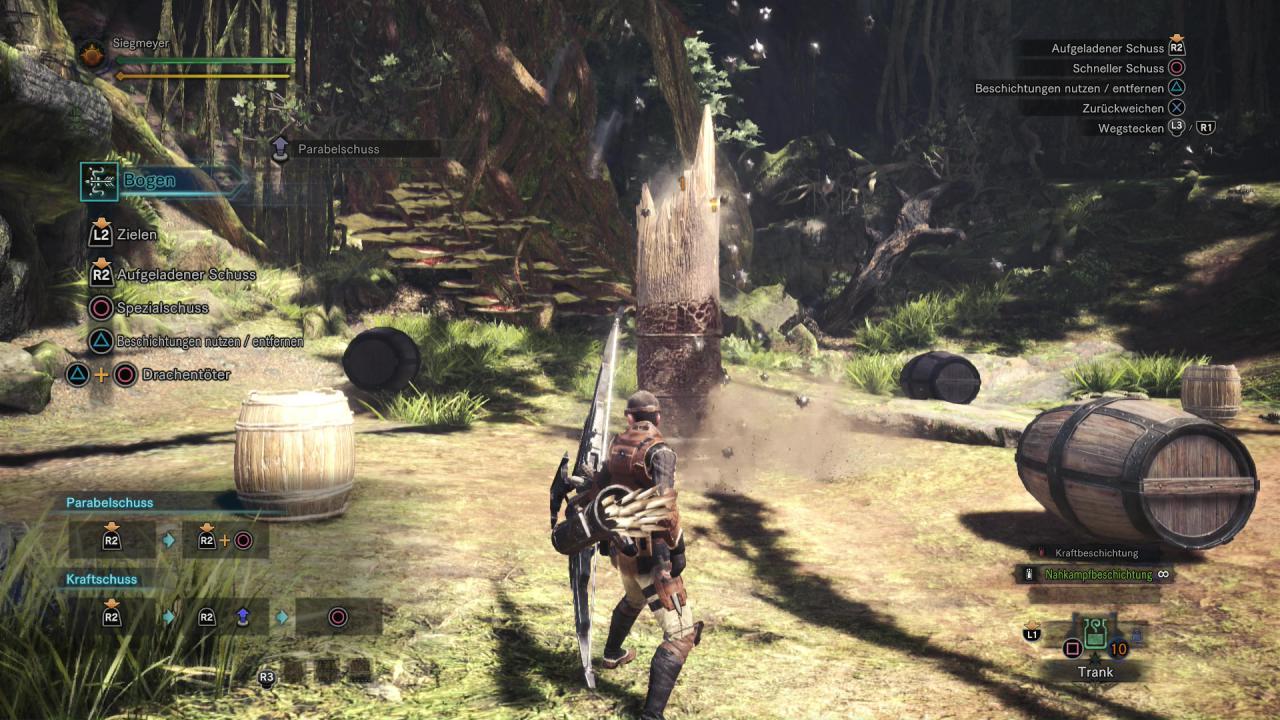 [27/02/2018] Monster Hunter World - Bogen - Der Parabelschuss lässt kleine Projektile herabregnen.