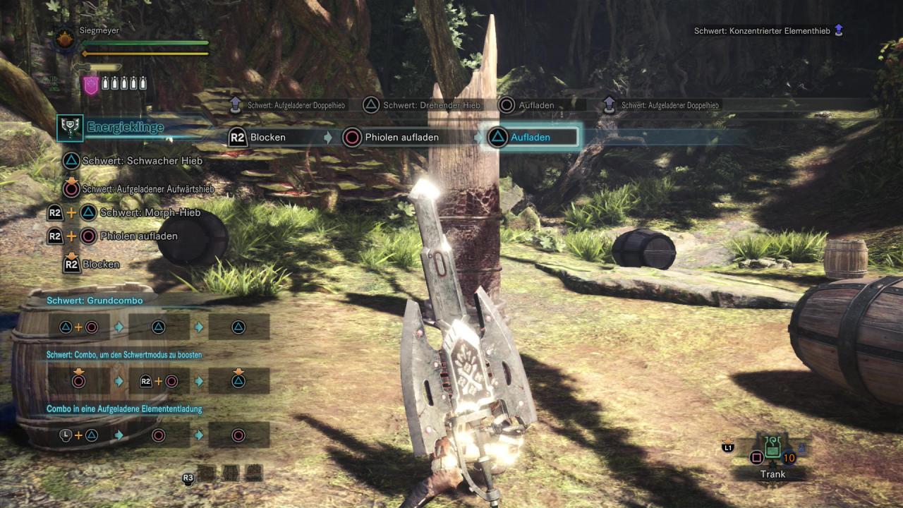 [27/02/2018] Monster Hunter World - Energieklinge - Mit der Auflade-Kombo mit Dreieck ladet ihr auch das Schwert, nachdem ihr die Phiolen gefüllt habt.