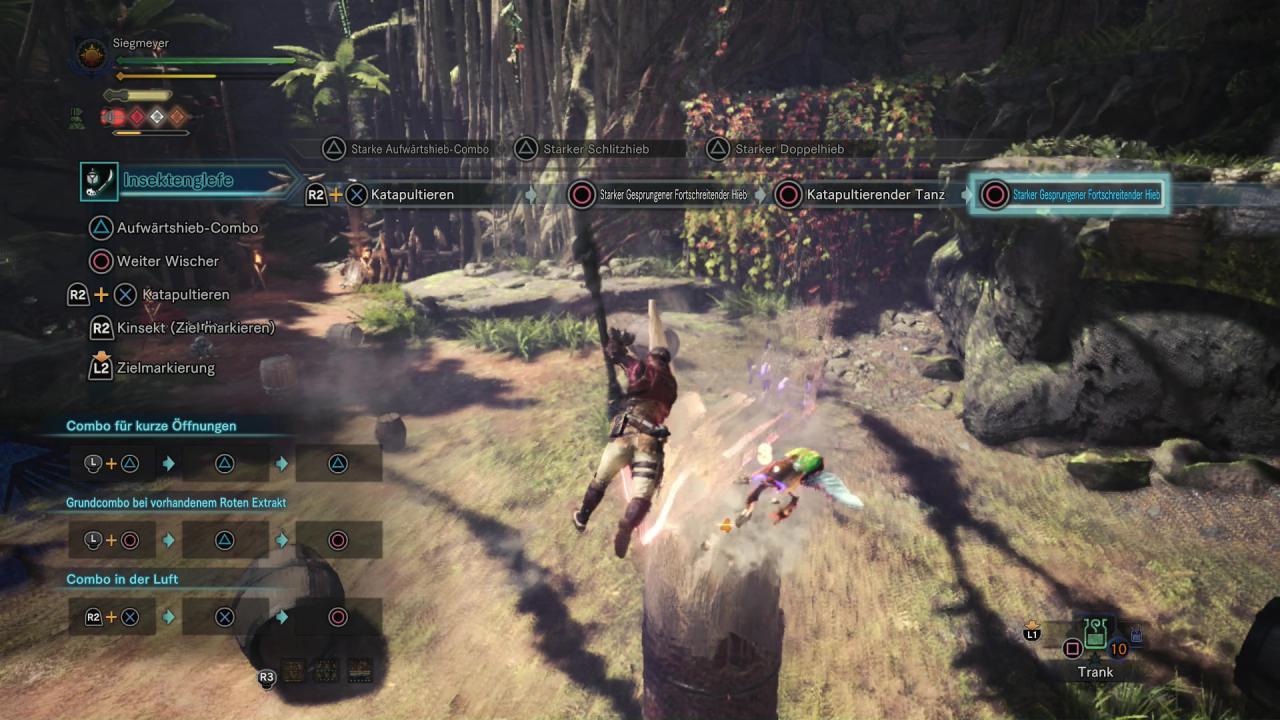 [27/02/2018] Monster Hunter World - Insektenglefe - Durch R2 + X (RT + A) katapultiert ihr euch in die Luft und wirbelt mit Kreis wiederholende Attacken raus.