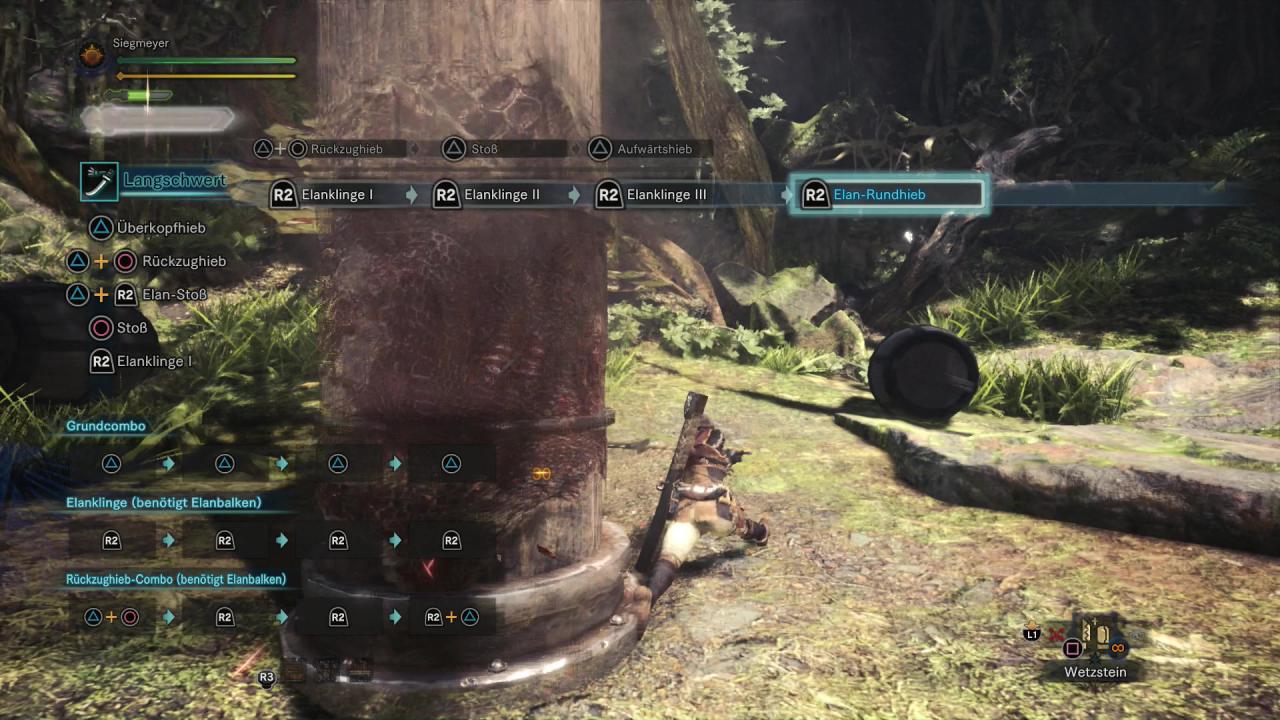 [14/02/2018] Monster Hunter World - Langschwert - Mittels Elanklingen-Combo auf R2 (RT) verstärkt ihr die Klinge bis zu drei Mal.