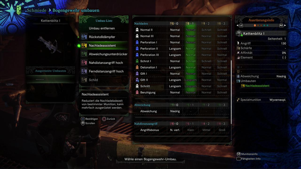 [14/02/2018] Monster Hunter World - Leichtes Bogengewehr - Umbauten beim Schied verleihen bessere Rückstoß-Dämpfung oder schnelleres Nachladen.