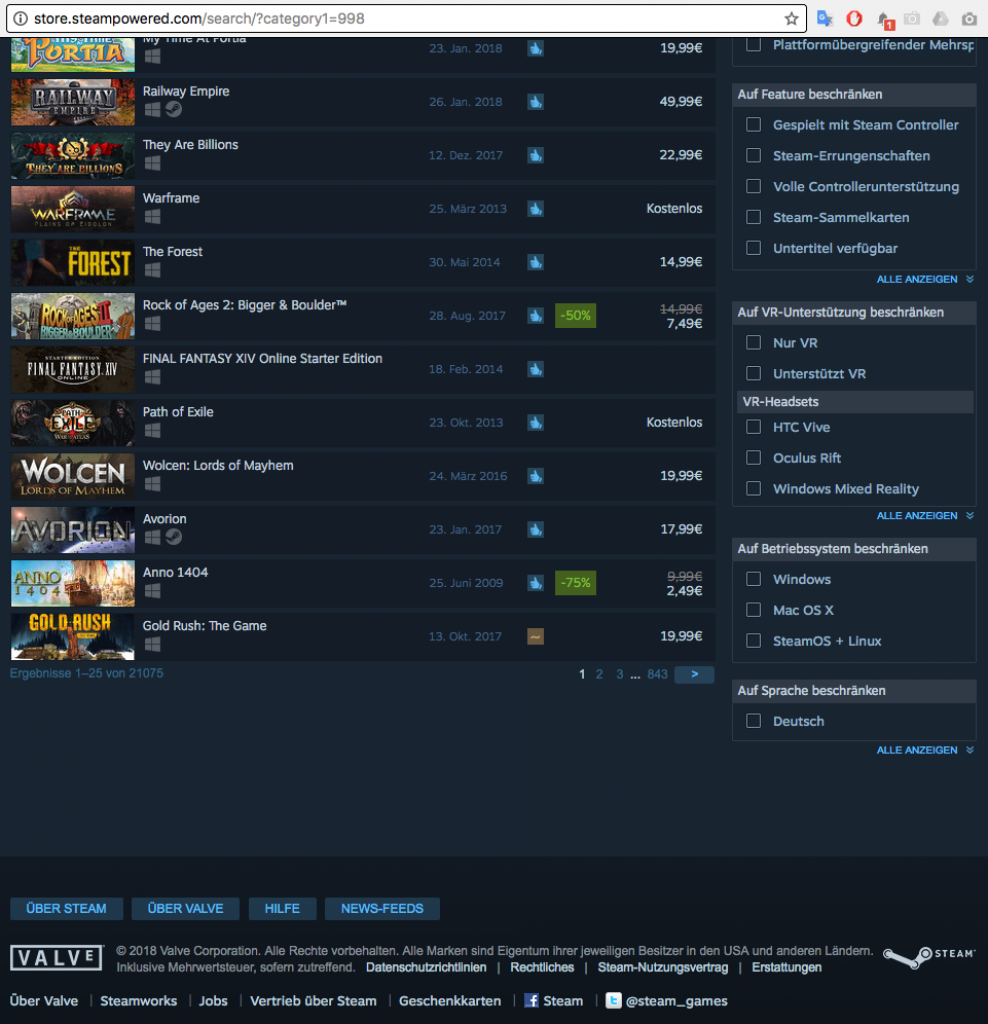 [09/02/2018] Unter store.steampowered.com/search/? könnt ihr den Steam-Gesamtkatalog nach Tags durchsuchen. Markiert ihr „Spiele“, werden euch über 21.000 Titel angezeigt.&nbsp;
