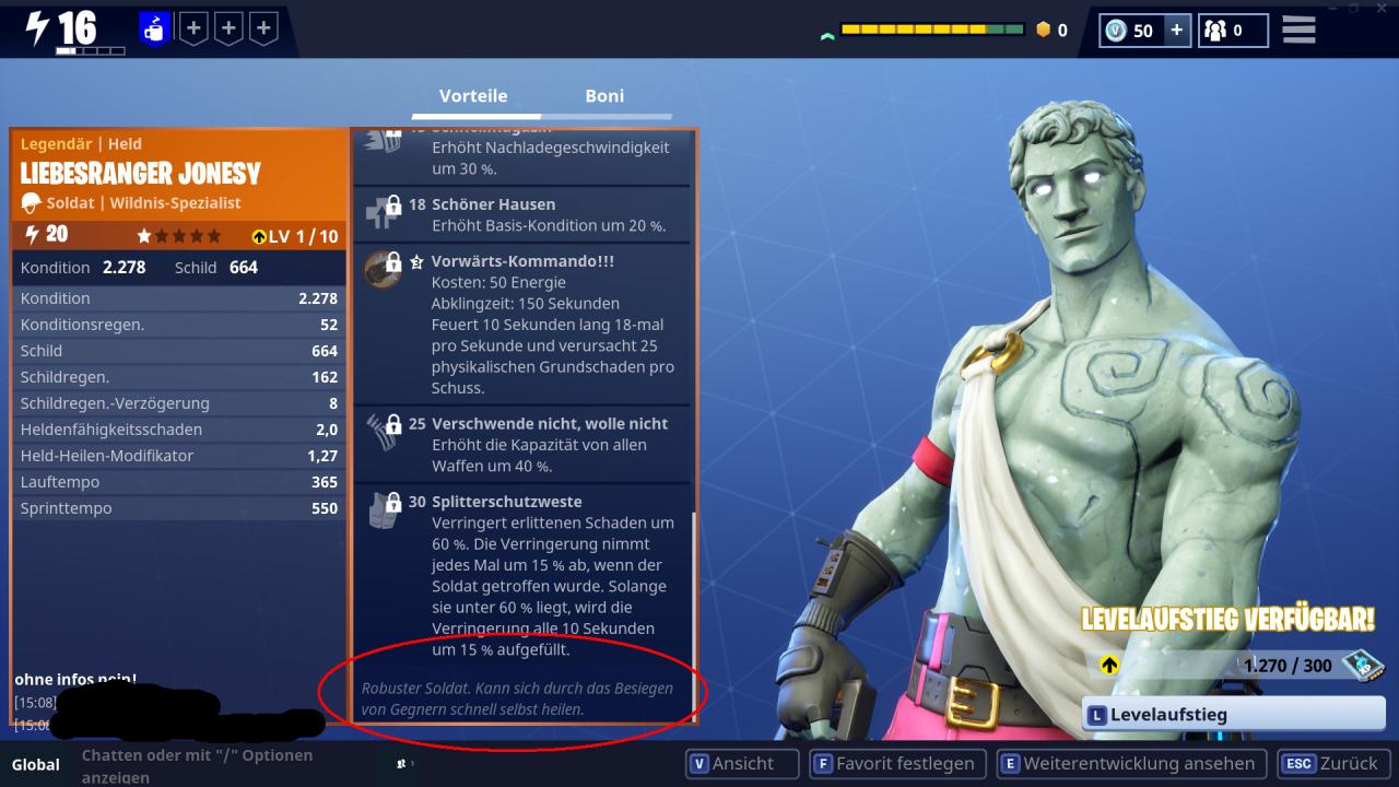 [23/03/2018] Tipps für Fortnite: Rette die Welt -&nbsp;Ganz unten im Fähigkeitenfenster erfahrt ihr, welche Besonderheit euer Held dank seiner Subklasse besitzt. Dieser Soldat ist besonders robust.