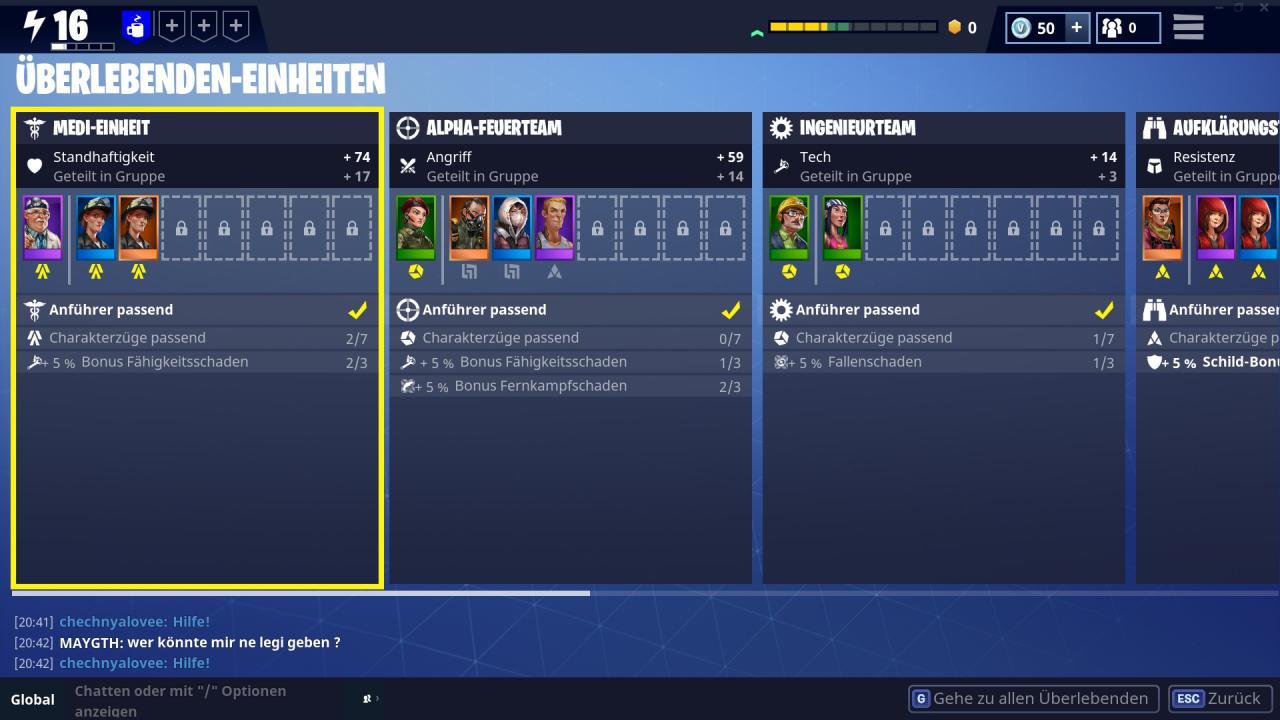 [29/03/2018] Fortnite im Test -&nbsp;Aus unseren Überlebenden bilden wir mehrere Teams, die nur eine Aufgabe haben: Die Werte unserer Helden zu steigern.