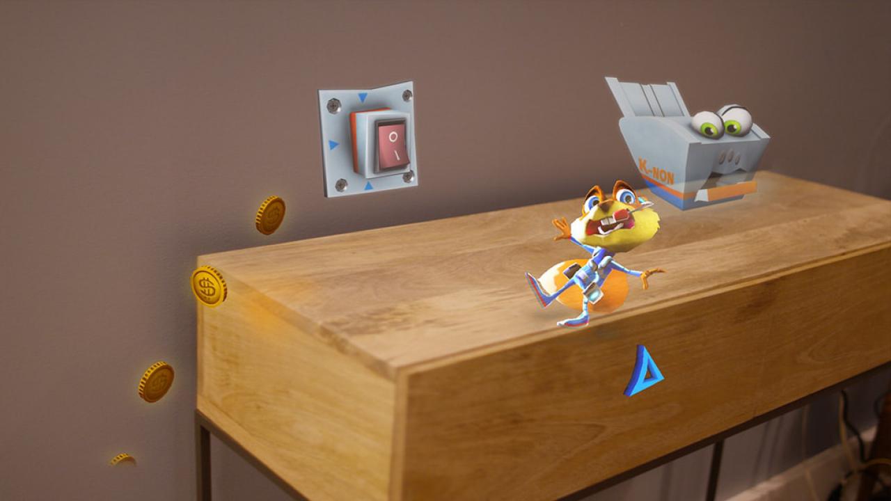 [27/03/2018] Die Kommode als Jump’n’Run-Hindernis: In HoloLens-exklusiven Young Conker lotst man den buschigen Protagonisten durchs die eigenen vier Wände. (Quelle: Microsoft)