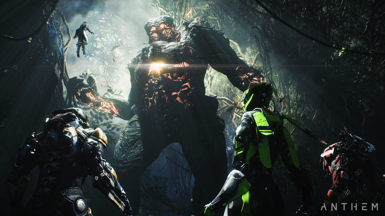 [11/06/2018] Die vier Javelins Storm (oben), Ranger, Interceptor und Collossus (von links aus) können sich in der Dschungel-Welt von Anthem auch gewaltigen Bossmonstern stellen. Theoretisch soll das auch alles im Solo-Modus gehen.