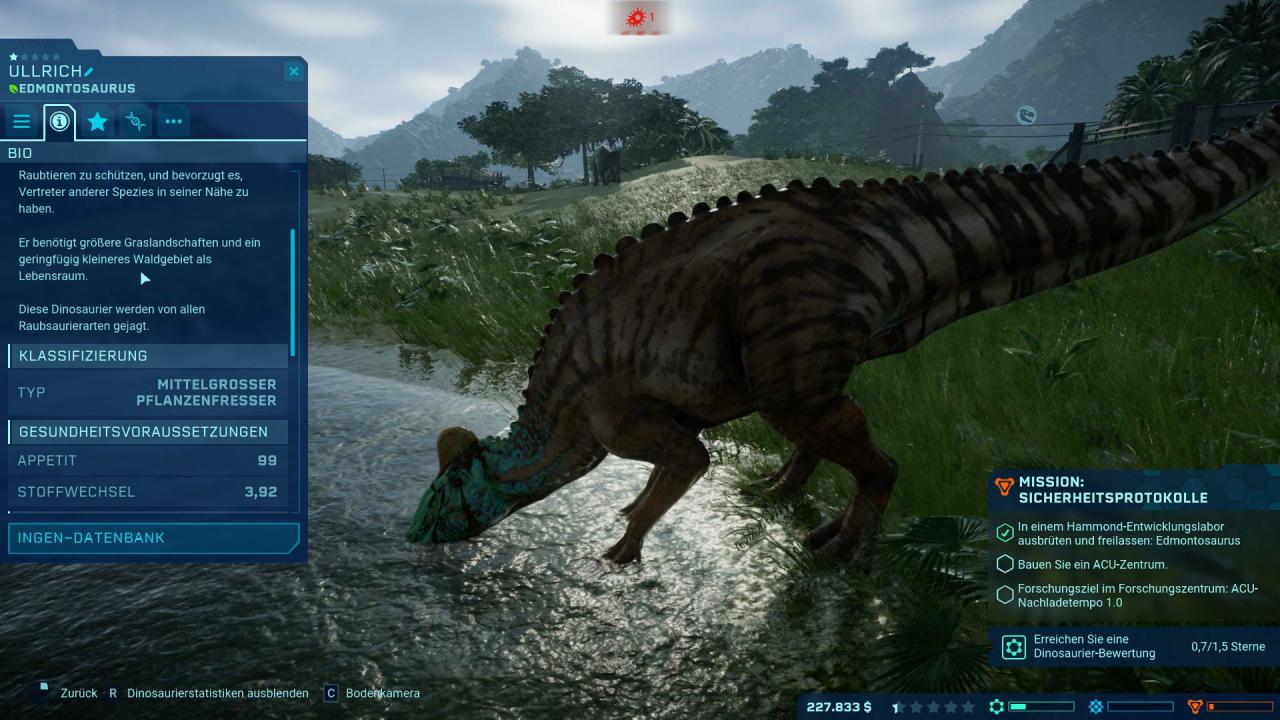 Ein trinkender Edmontosaurus in Jurassic World Evolution.