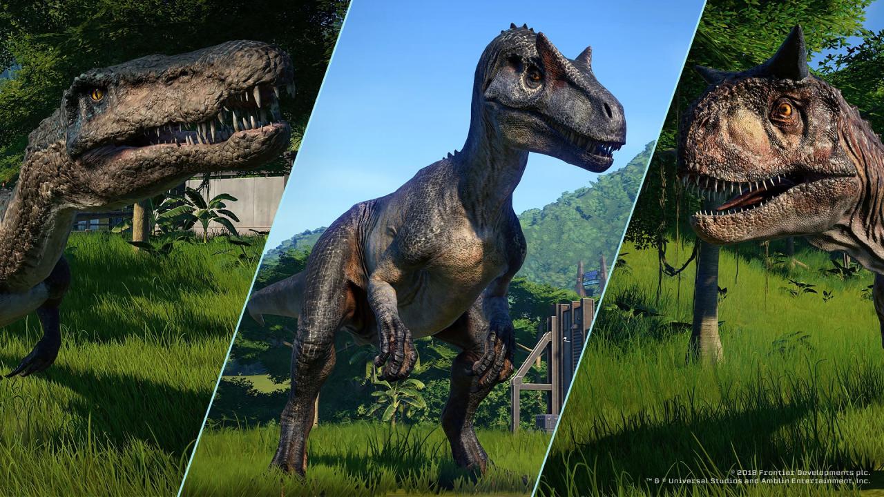 Drei Dinosaurier im Managerspiel zum Download im Zuge des Films Jurassic World: Das gefallene Königreich.
