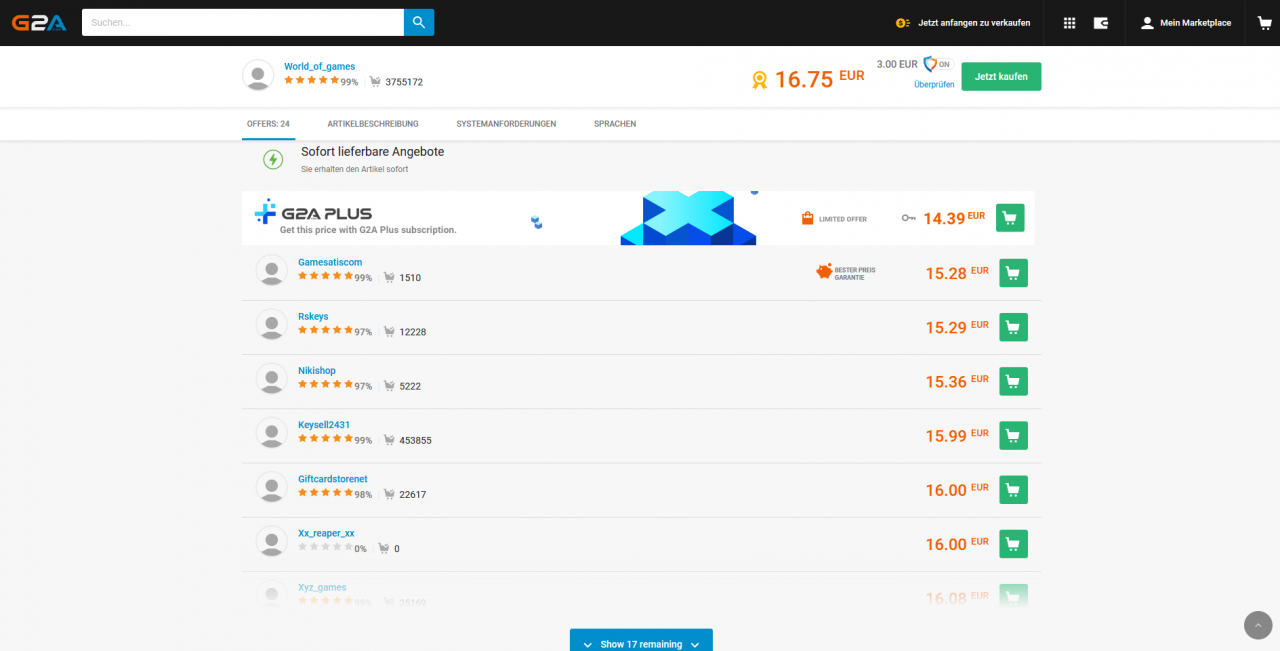 [31/07/2018] G2A.com verkauft selbst keine Spiele-Keys, sondern stellt einen digitalen Marktplatz für Händler.