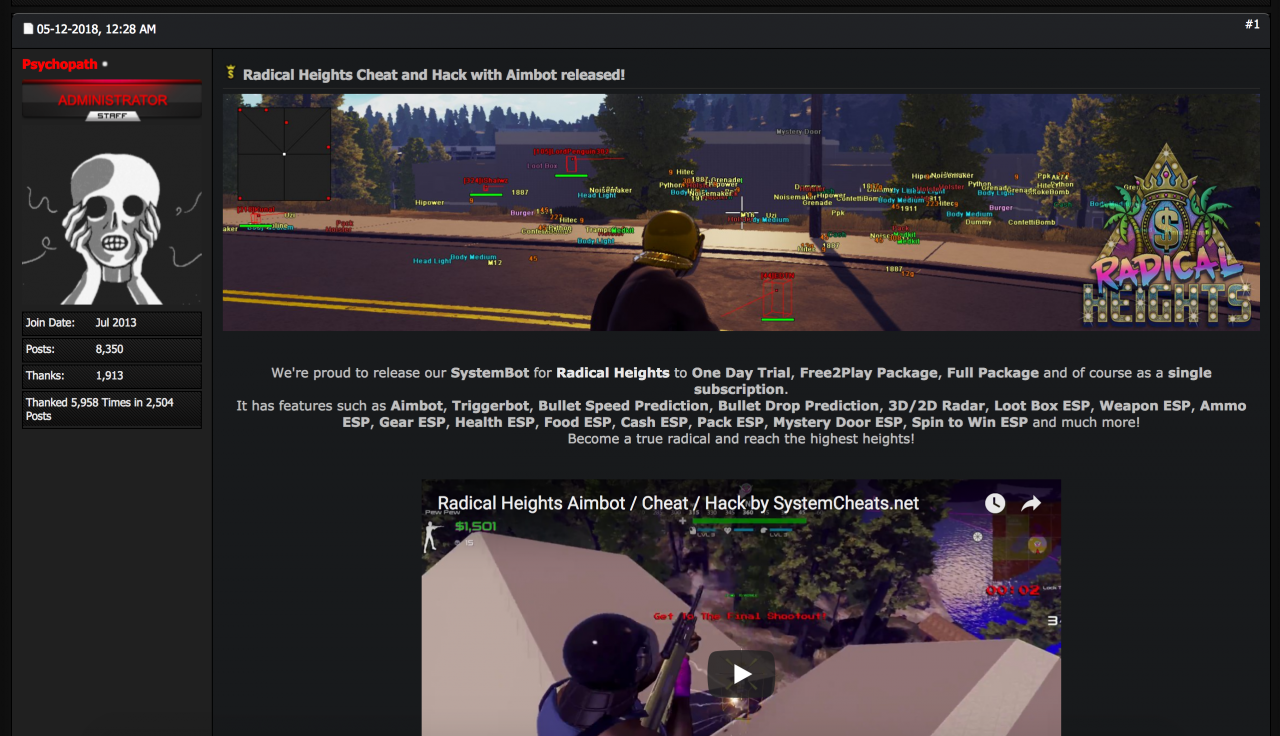 [02/07/2018] Cheat-Entwickler trödeln nicht: Selbst zu Cliff Bleszinskis PUBG-Konkurrenten Radical Heights gibt es bereits die volle Bandbreite an Cheats, wie dieser Foren-Eintrag auf SystemCheats belegt.&nbsp;