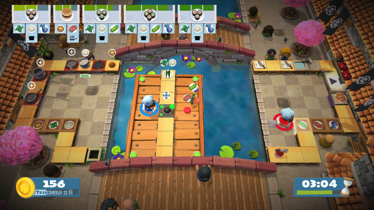 [09/08/2018] Bei einigen Levels zwingt euch das Spiel, mit Zutaten zu werfen. Hier sind beide Köche durch eine Theke und den Wassergraben getrennt.