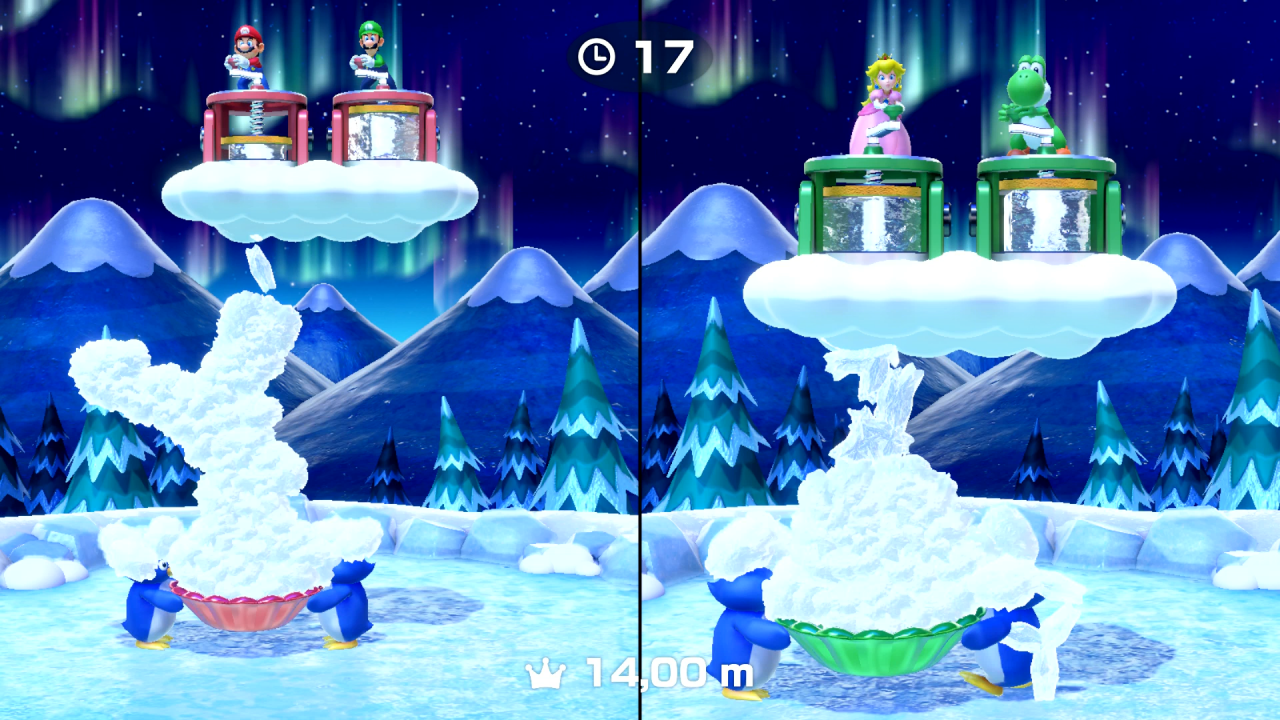 Mario, Luigi, Peach und Yoshi in einem Minispiel mit Bewegungssteuerung in Super Mario Party für Nintendo Switch.