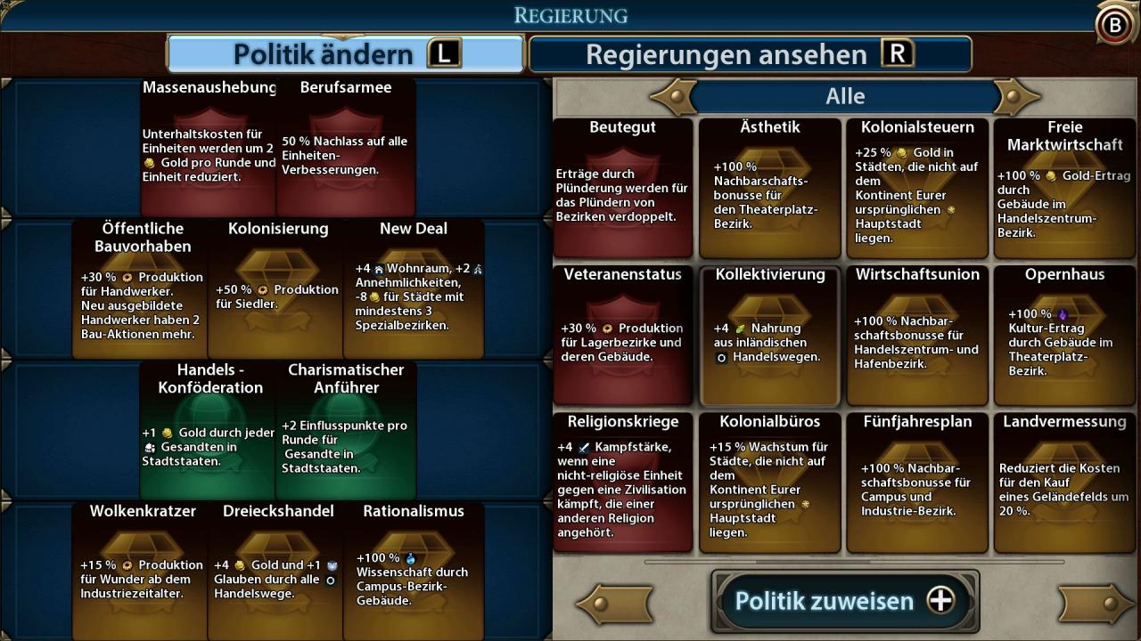 Mit dem dynamischen Regierungssystem baut ihr euch individuell euer Staatssystem aus verschiedenen Politik-Karten zusammen.
