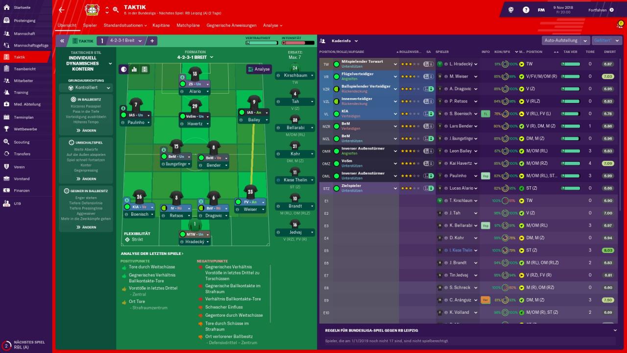 Das Taktik-Menü des Football Manager 2019.